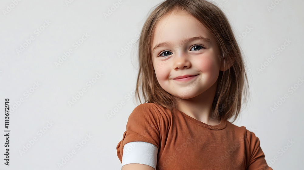 Cheerful Child Showing Bandaged Arm After Vaccination on White Background Cheerful Child Showing Bandaged Arm After Vaccination on White Background
