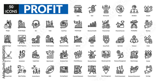 Profit line icon collection set. Includes growth, revenue, income, success, gain, sales, investment, earnings, finance, wealth, chart, increase, money, value, market