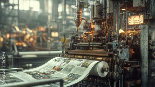 Vintage printing press printing newspaper. Illustrates the process of mass media production and news distribution.