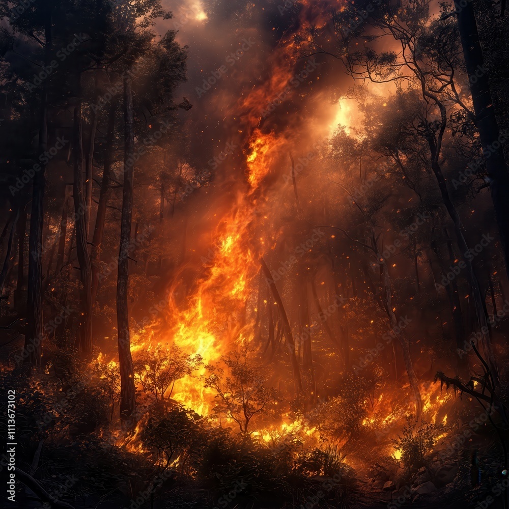 Forest fire burning wildly, creating a swirling inferno of destruction Forest fire burning wildly, creating a swirling inferno of destruction