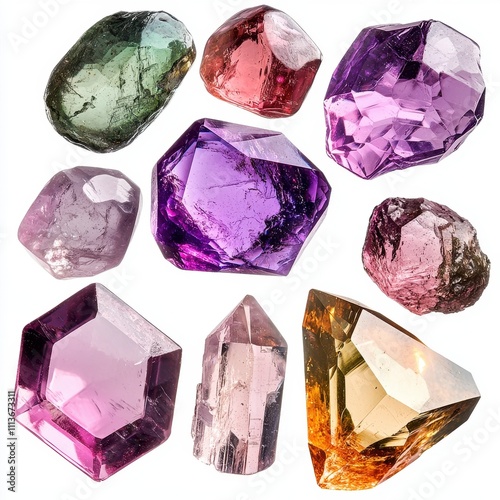 Vibrant Collection of Polished Gemstones and Crystals Isolated on White Background, Sparkling Beauty photo