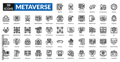 Metaverse line icon collection set. Includes vr, ar, avatar, blockchain, virtual, reality, headset, nft, cyberspace, immersive, digital, universe, gaming, simulation, interaction