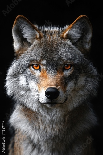 Majestic Wolf Portrait with Amber Eyes in Dramatic Chiaroscuro Lighting