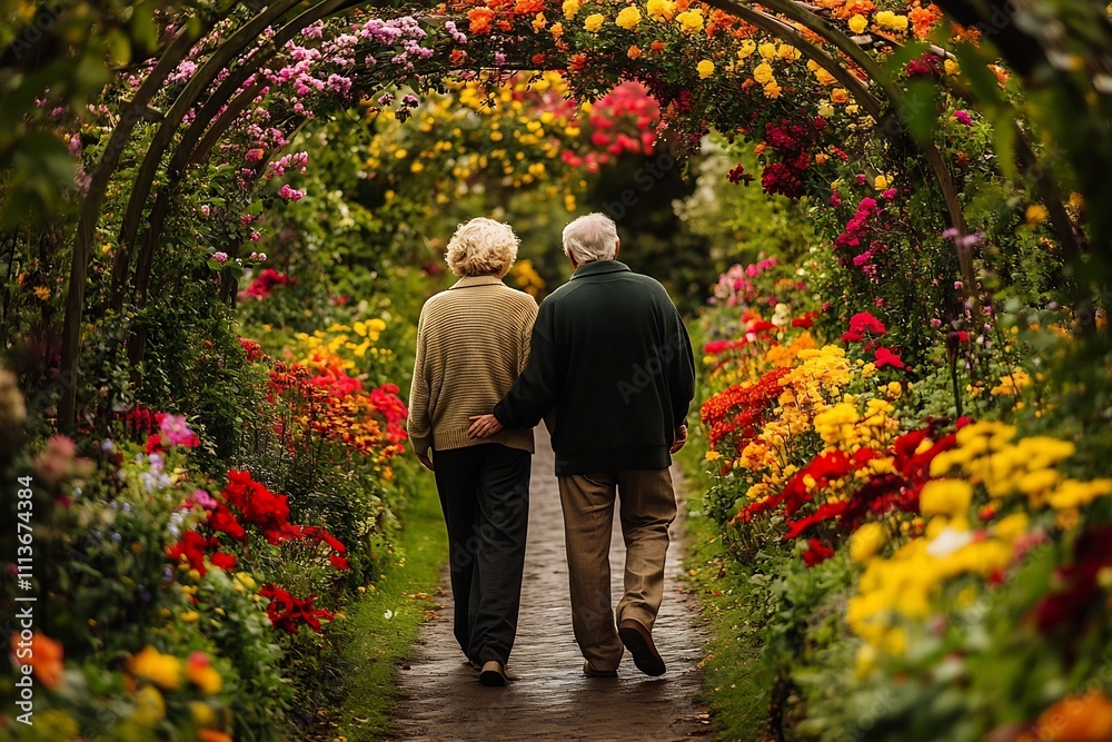Obraz premium Elderly Couple Enjoying a Romantic Stroll Through a Vibrant Flower Garden