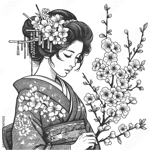 geisha in traditional kimono, surrounded by detailed blooming flowers and foliage sketch engraving generative ai fictional character vector illustration. Scratch board imitation. Black and white image