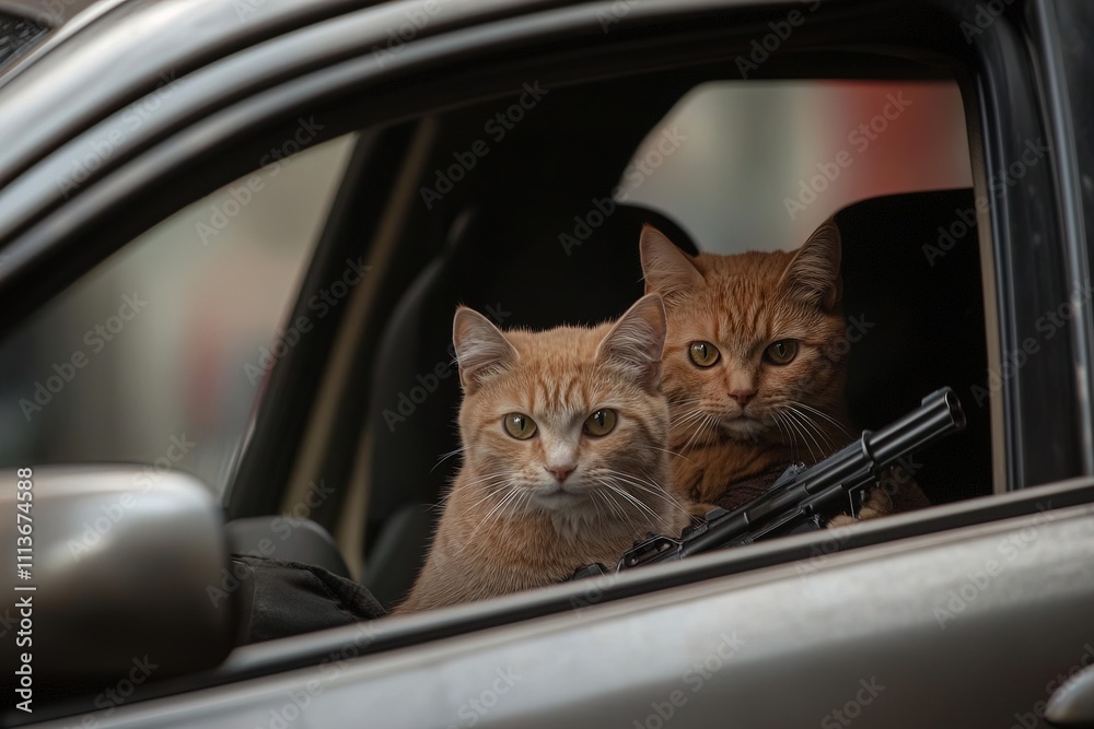 Cats sitting in a car with a toy gun on the dashboard during a sunny day in the city Cats sitting in a car with a toy gun on the dashboard during a sunny day in the city