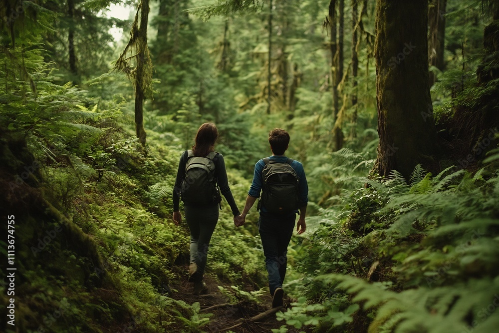 Couple Hikers Exploring Lush Green Forest Trail on Scenic Outdoor Adventure Couple Hikers Exploring Lush Green Forest Trail on Scenic Outdoor Adventure