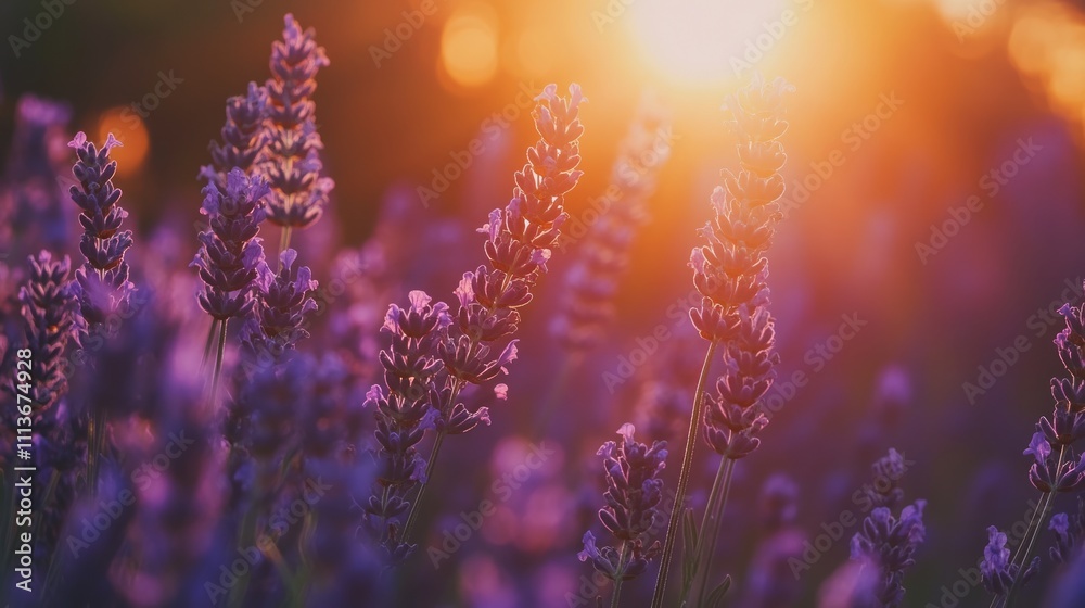 Obraz premium Lavender field at sunset, vibrant purple flowers bathed in golden sunlight.
