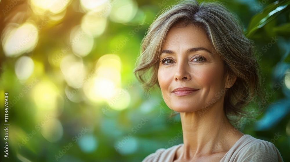Portrait of a middle-aged Japanese woman smiling in a spring park surrounded by greenery with copy space Portrait of a middle-aged Japanese woman smiling in a spring park surrounded by greenery with copy space