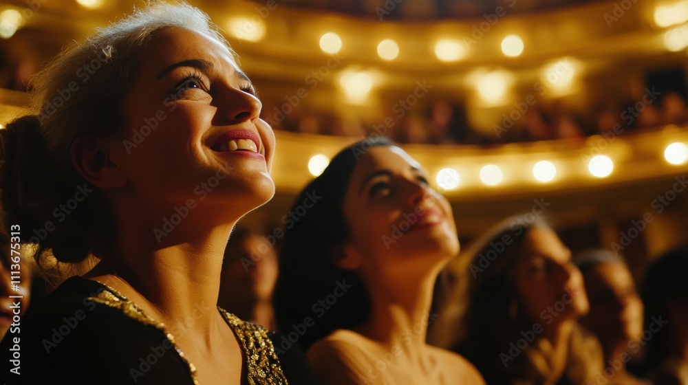 Two young women, one with blonde hair and one with dark hair, enjoy a performance at a theater. Two young women, one with blonde hair and one with dark hair, enjoy a performance at a theater.