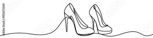 Elegant high heels shoes are drawn with one continuous line on a white background. Minimalist and fashionable illustration