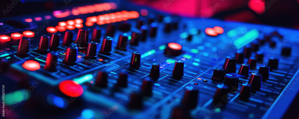 Fototapeta premium vibrant audio mixing console with illuminated controls and sliders, showcasing dynamic atmosphere for music production and sound engineering