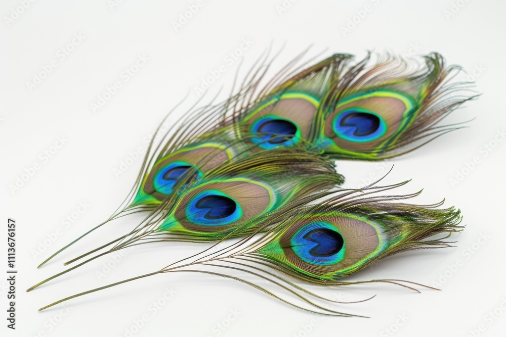 Obraz premium Clothing and home decoration. Peacock feathers on white background. Peacock feather