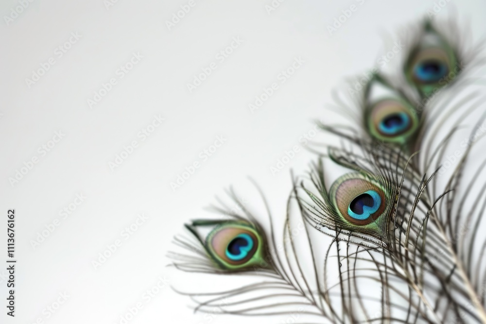 Obraz premium Clothing and home decoration. Peacock feathers on white background. Peacock feather