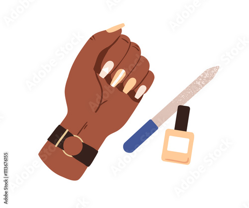 Manicure, groomed hand, polish bottle and file. Elegant neat long nails with decorative varnish design. Modern beauty self-care accessories. Flat vector illustration isolated on white background