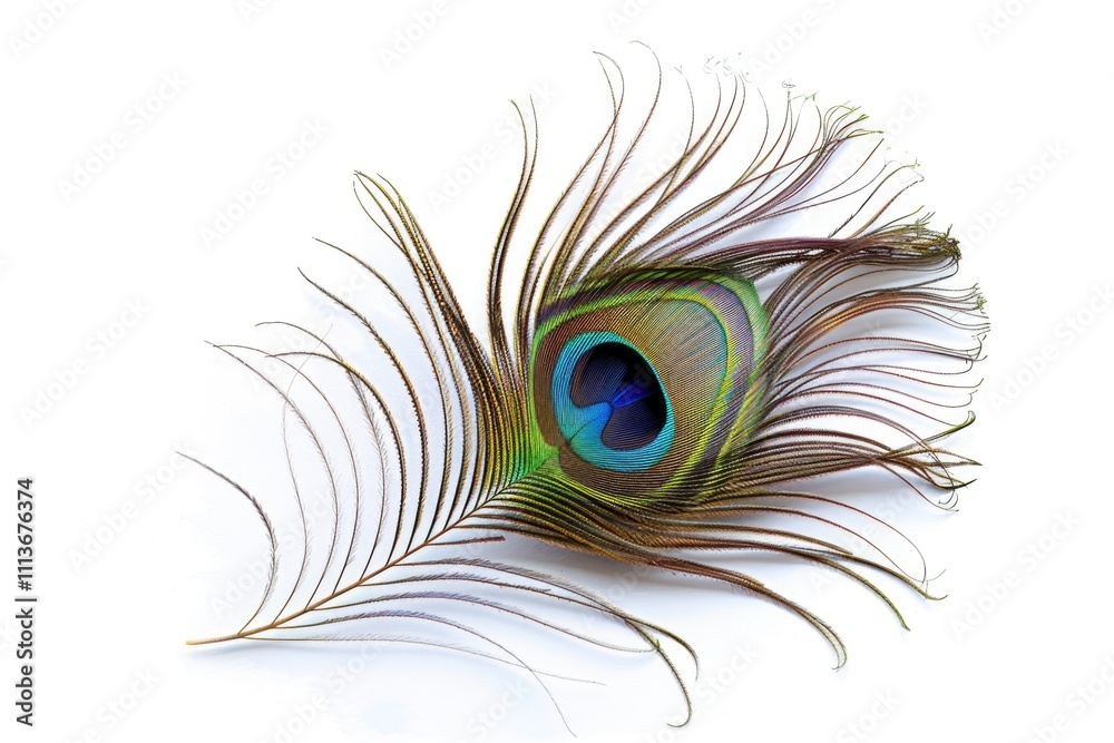 Fototapeta premium Colorful peacock feather detail isolated on white background