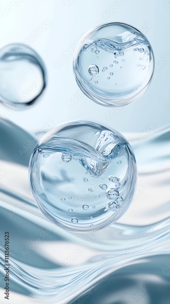 Three Transparent Spheres Containing Pure Water Floating on a Smooth Abstract Background Three Transparent Spheres Containing Pure Water Floating on a Smooth Abstract Background