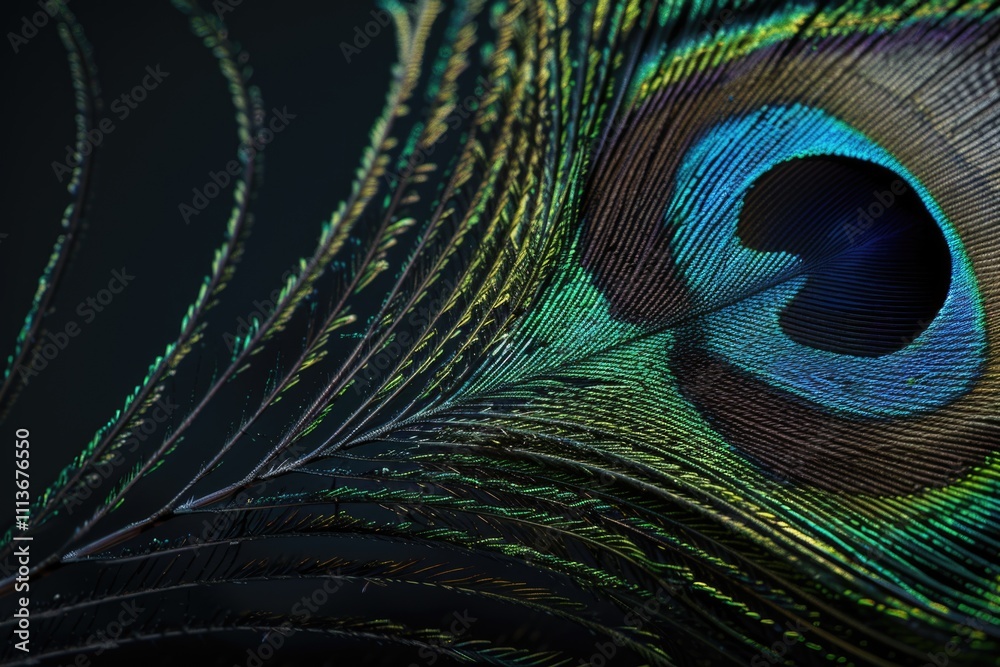 Obraz premium Detail of peacock feather eye on black background