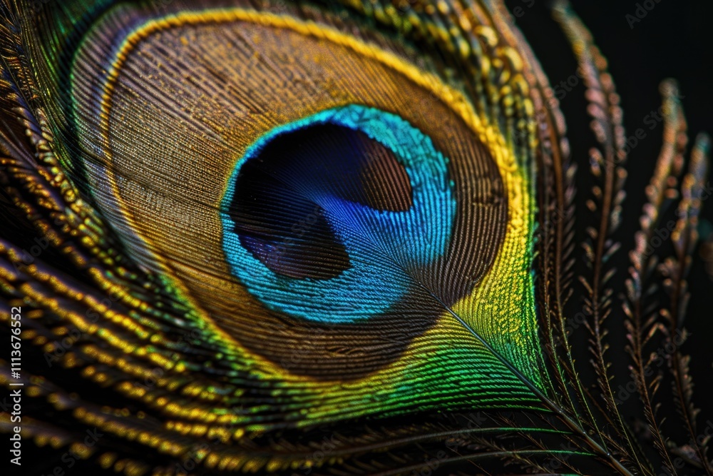 Obraz premium Detail of peacock feather eye on black background
