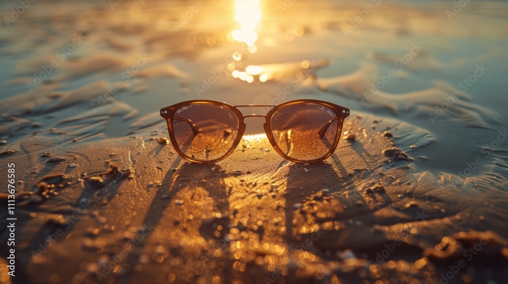 custom made wallpaper toronto digitalSunglasses resting on the beach sand, reflecting sunlight during sunset.