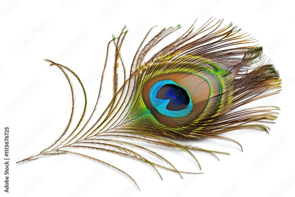Fototapeta premium Peacock feather eye detail on white background.