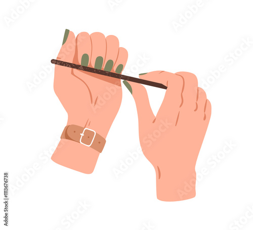 Hand holding file and grooming nails, beauty self-care routine, treatment. Ma...