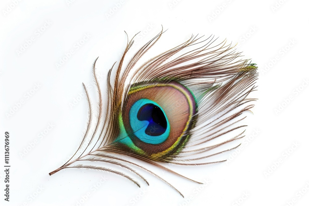 Fototapeta premium Peacock feather eye detail on white background.