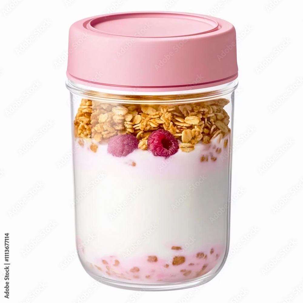 Yoghurt in a Glass Jar with Granola and Raspberries. Generative ai. Yoghurt in a Glass Jar with Granola and Raspberries. Generative ai.
