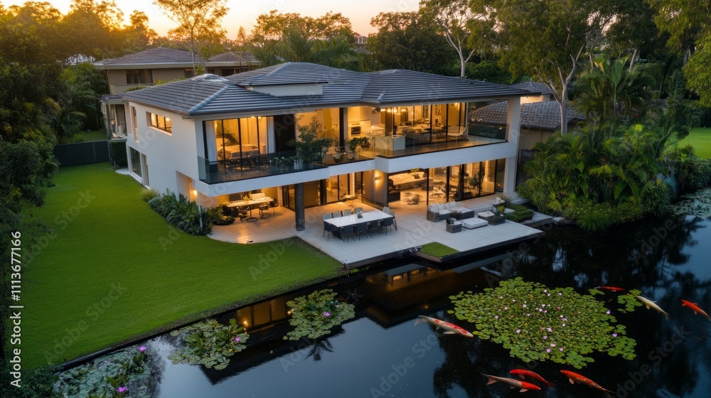 Luxurious waterfront home at sunset, featuring koi pond and expansive patio. Luxurious waterfront home at sunset, featuring koi pond and expansive patio.