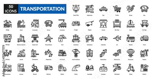Transportation line icon collection set. Includes vehicle, logistics, shipping, delivery, cargo, truck, train, airplane, ferry, route, highway, freight, mobility, transit, journey, tram