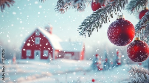 Red Christmas Ornaments Hanging On A Snowy Winter Tree photo