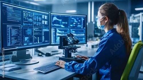 Close-up view of a researcher analyzing nanomaterial properties under a high-tech microscope in a laboratory setting with advanced equipment in the background