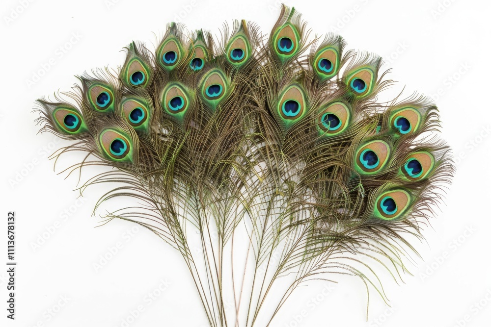 Obraz premium Green peacock feathers arranged in arc on white background