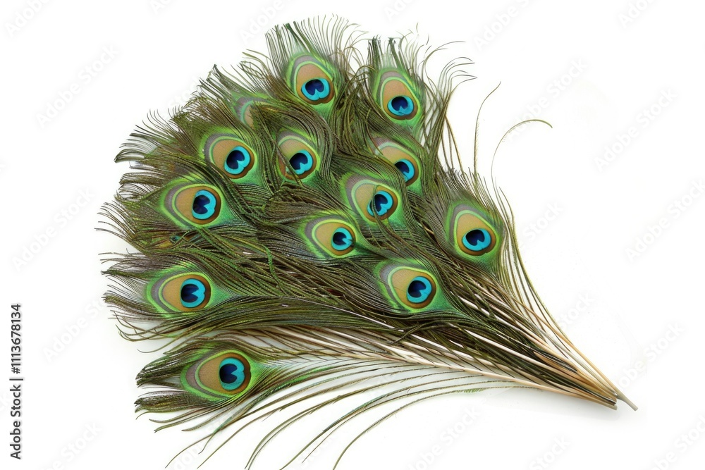 Obraz premium Green peacock feathers arranged in arc on white background