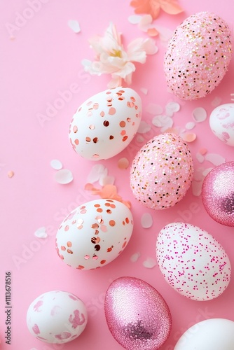 Elegant Easter with Sequined Pink and White Eggs on Pastel Pink Background