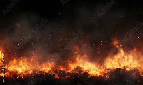 Fire flames with sparks and smoke, intense heat radiating, dark background, glowing embers, chaotic energy