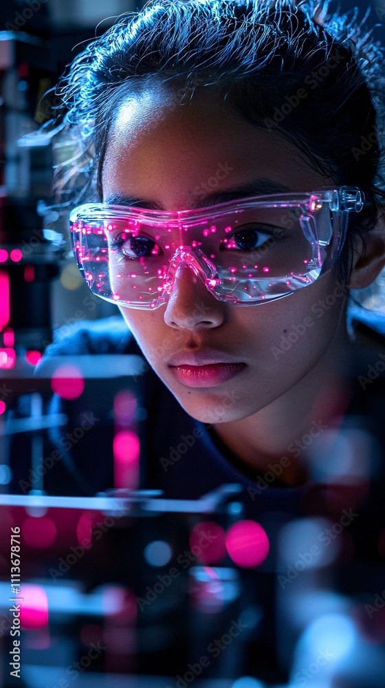 Scientist using a high-powered laser to enhance the surface properties of a nanomaterial sample