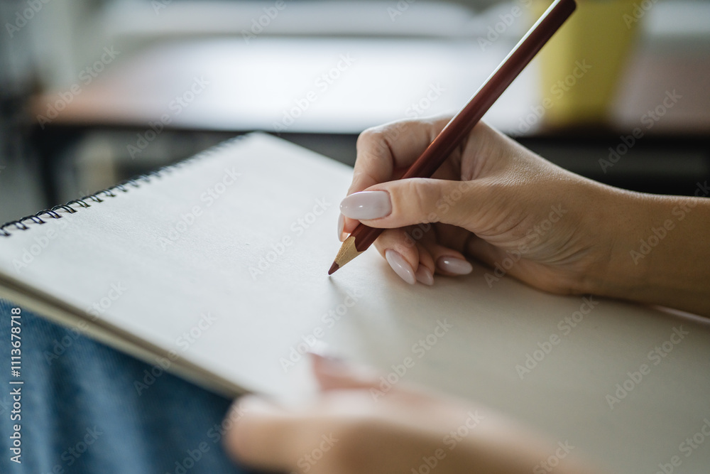 Woman sketch and draw on a blank notebook with a wooden crayon in hand Woman sketch and draw on a blank notebook with a wooden crayon in hand