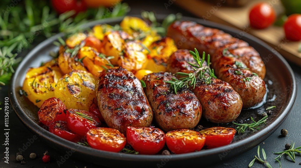 a plate of sausages and vegetables