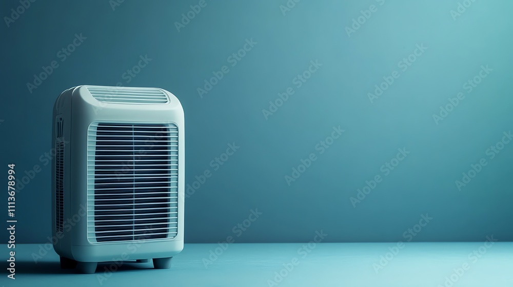 A white air purifier on a blue surface in front of a blue wall. A white air purifier on a blue surface in front of a blue wall.