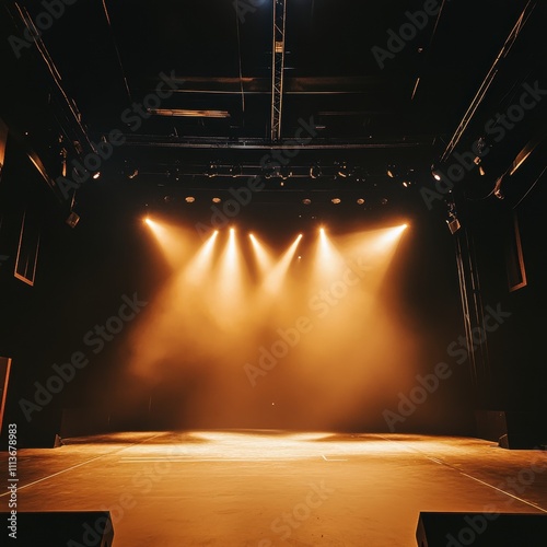 Theater stage illuminated by warm spotlighting, ready for a performance.