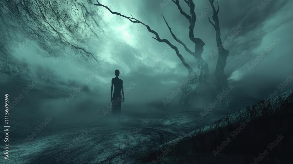 A haunting figure stands in a foggy landscape, evoking feelings of isolation and introspection in a surreal, eerie atmosphere. A haunting figure stands in a foggy landscape, evoking feelings of isolation and introspection in a surreal, eerie atmosphere.