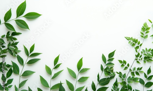 Green leaves arrangement on white background, various shapes and sizes, natural foliage, fresh botanical elements