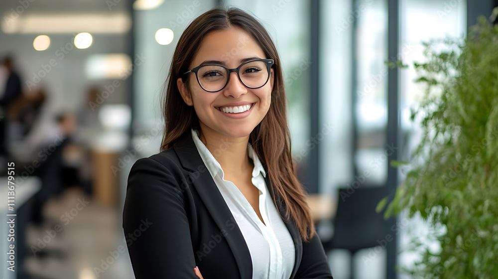 A happy young professional businesswoman appears standing at her workplace A happy young professional businesswoman appears standing at her workplace