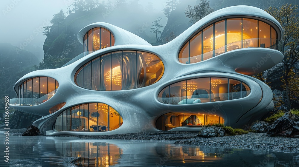 Fototapeta premium Futuristic organic architecture home nestled in misty mountains by a lake.