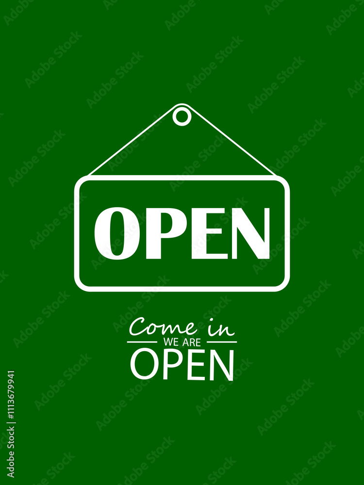 Come in we are open text, tag, signboard note vector illustration element. Open text message design for businnes, marketing store.