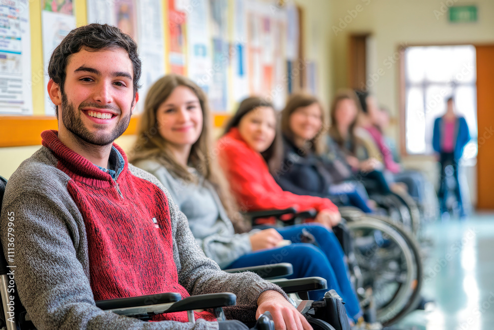 Smiling young man in a group of wheelchair users Smiling young man in a group of wheelchair users