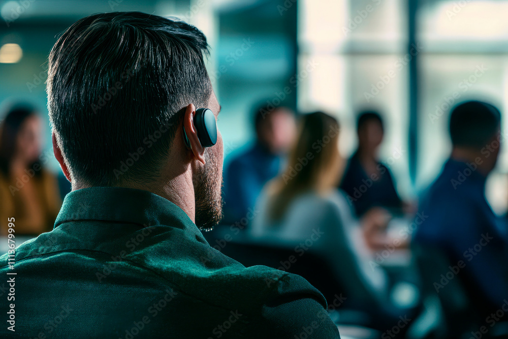 Person with a hearing aid attending a business meeting Person with a hearing aid attending a business meeting