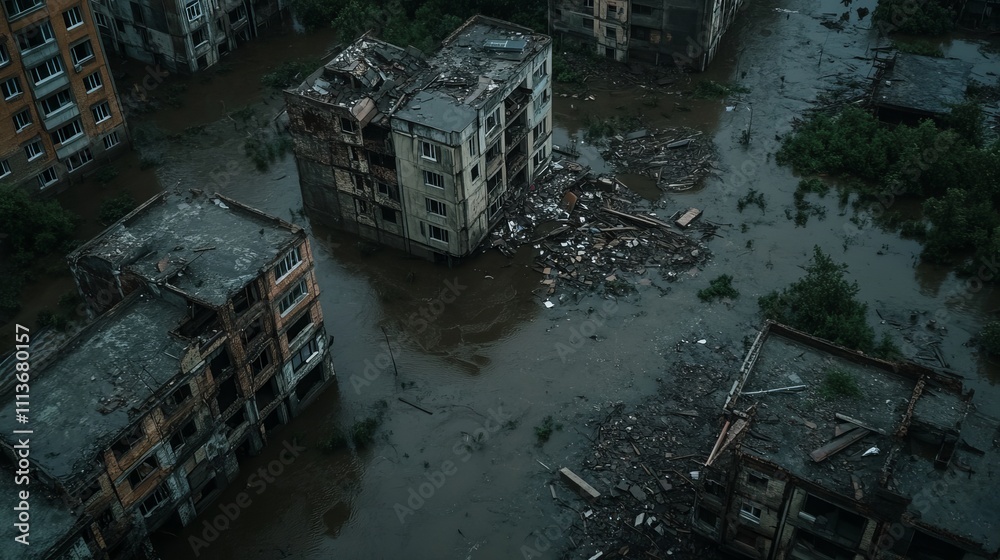 Aerial view of a flooded city with several buildings damaged and debris scattered across the water. Aerial view of a flooded city with several buildings damaged and debris scattered across the water.