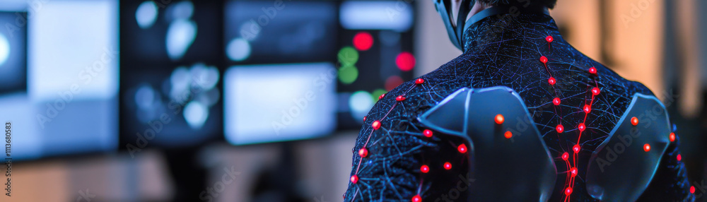 Close up of motion capture suit with intricate design and lights, showcasing technology in action. suit is connected to monitors displaying data and graphics Close up of motion capture suit with intricate design and lights, showcasing technology in action. suit is connected to monitors displaying data and graphics